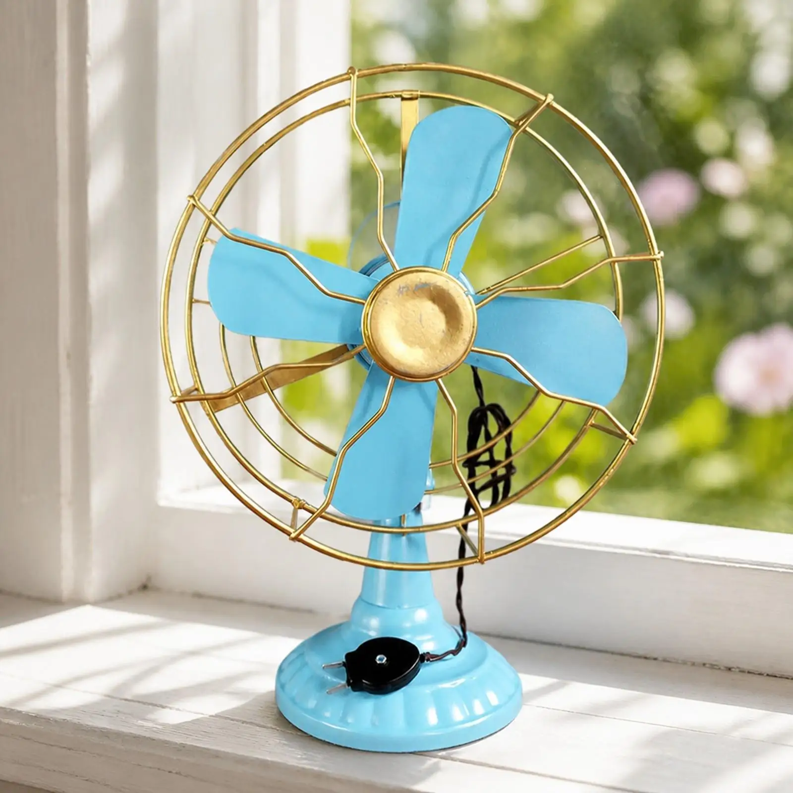 Tinplate Retro Electric Fan Decor Vintage Hand Painted Tabletop Ornament Classic Wire Cage Pedestal Model for Shelf Counter