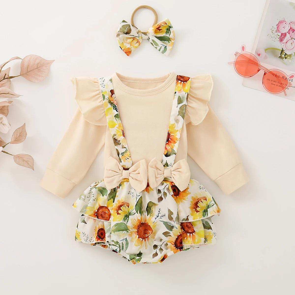 Spring Autumn Baby Girl Long Sleeve T-Shirt Top with Sunflower Print Overalls And Bow Headband Three-Piece Set