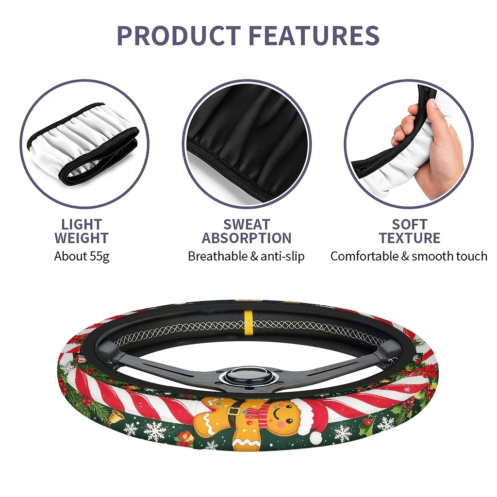 1pc 2D Printed Dark Green Background Gingerbread Man Candy Cane Christmas Theme Car Steering Wheel Cover - Seamless Design