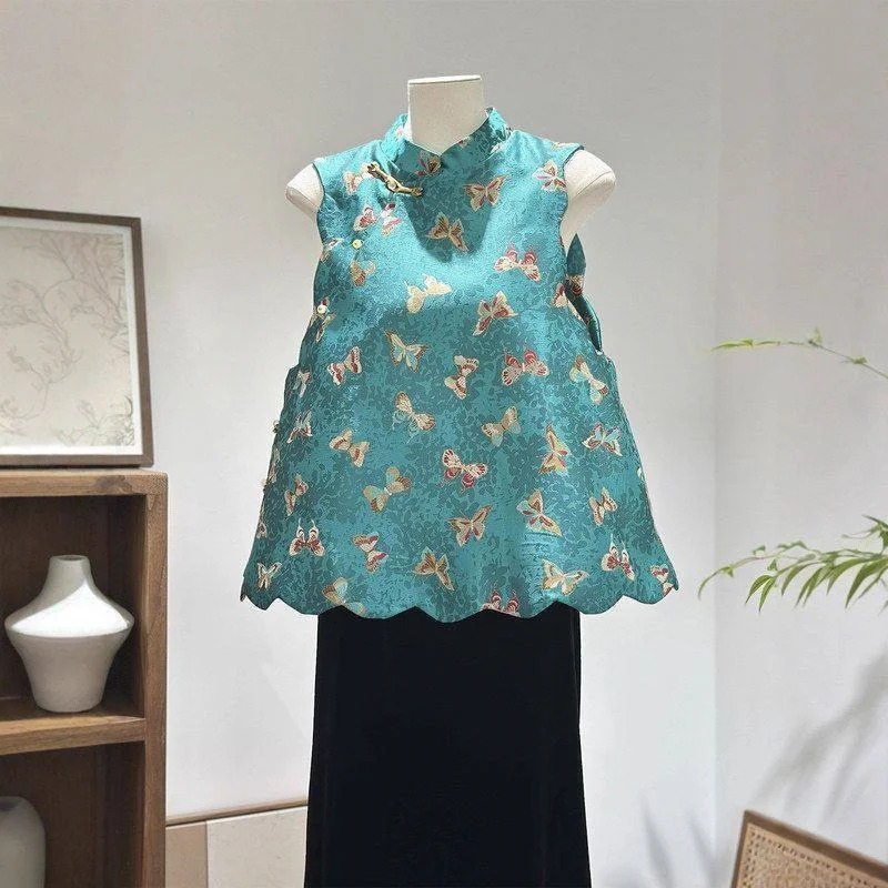Women Coat Fashion jacquard Vest Coat Women's Chinese Oblique Buckle Joker Sleeveless Outside National Wind Retro Vest Jacket