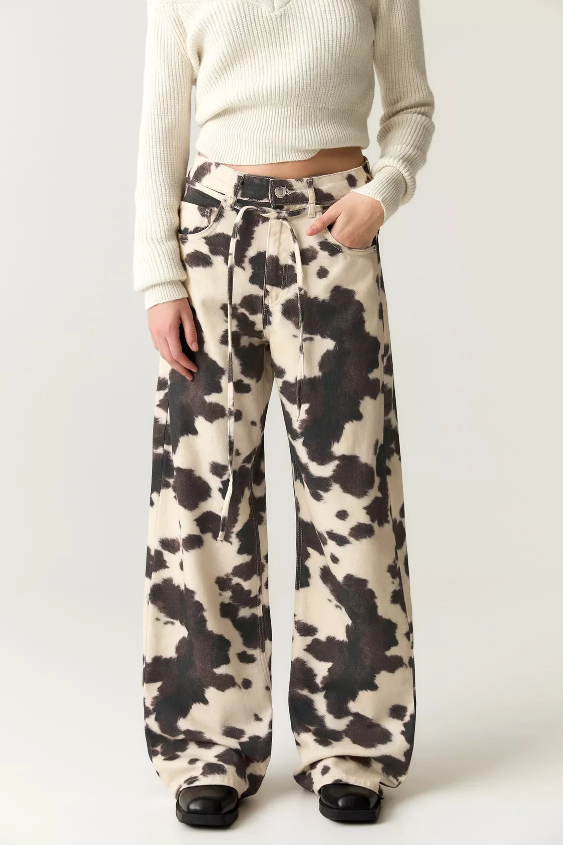 Retro Jeans Casual Loose Cow Pattern Personality Street Hot Girl Style Women's Pants High Waist Strap Distressed Straight Pants