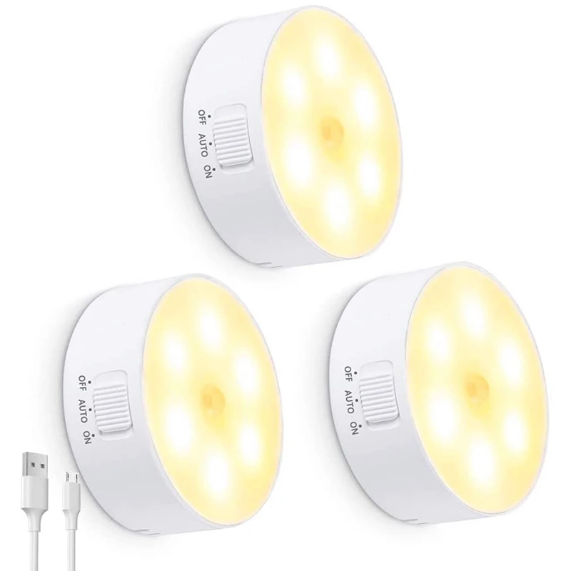 3 Packs LED Night Light Motion Sensor Activated Magnet Stick No As Kitchen Bedroom Closet Toilet Bathroom Cabinet Stair