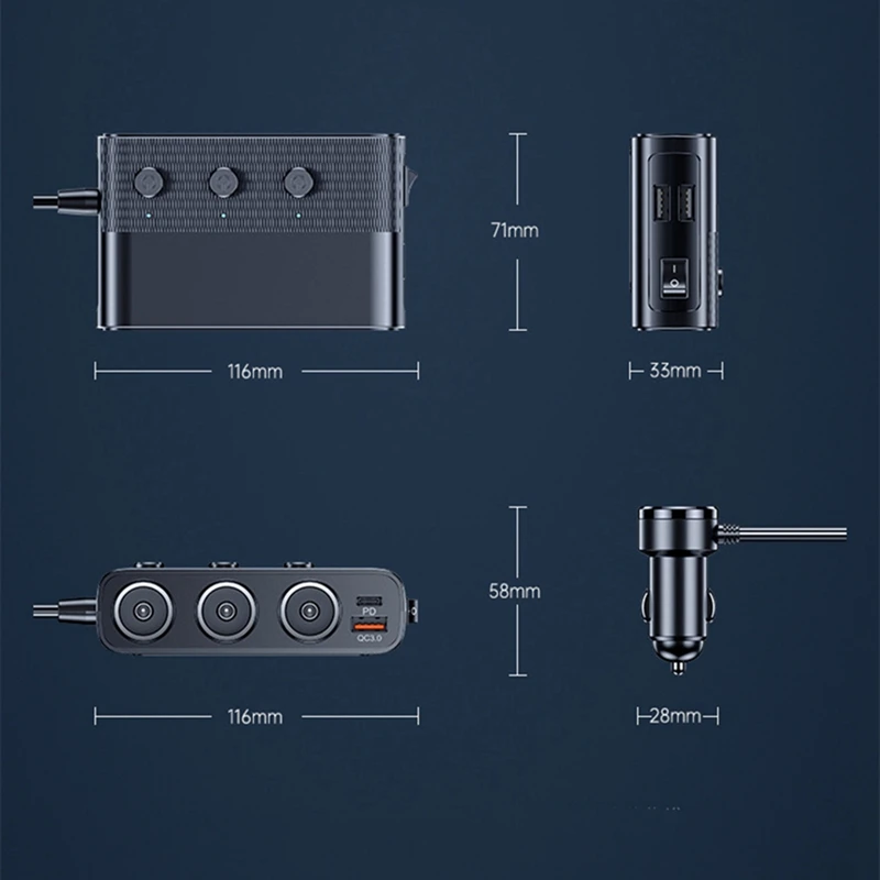 7 in 1 차량용 충전기 어댑터 분배기, 3 소켓 전원, 12V, 24V, C타입 및 2 USB 충전 포트, LED 전압 디스플레이