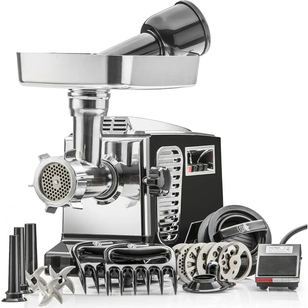 Heavy Duty Electric Meat Grinder & Sausage Stuffer: 6 Grinding Plates, 3 S/S Blades, 3 Sausage Tubes, Kubbe, 2 Meat Claws