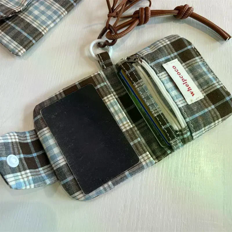 1 Pcs Dark Coffee Plaid Card Purse For Kids Girls Fashion Student Mini Photocard Bank Card Wallet
