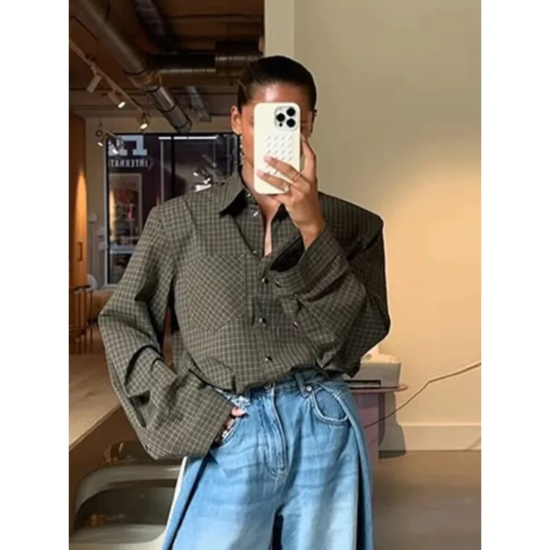 

Новая женская повседневная рубашка в клетку с длинным рукавом и подплечниками, универсальная, осень 2025