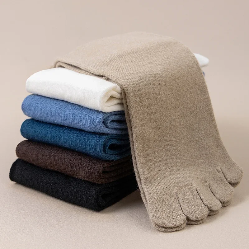 Meias masculinas de lã com cinco dedos, curtas, grossas, sólidas, absorventes de suor, vestido de negócios, macio, respirável, manter o calor, meias térmicas de inverno