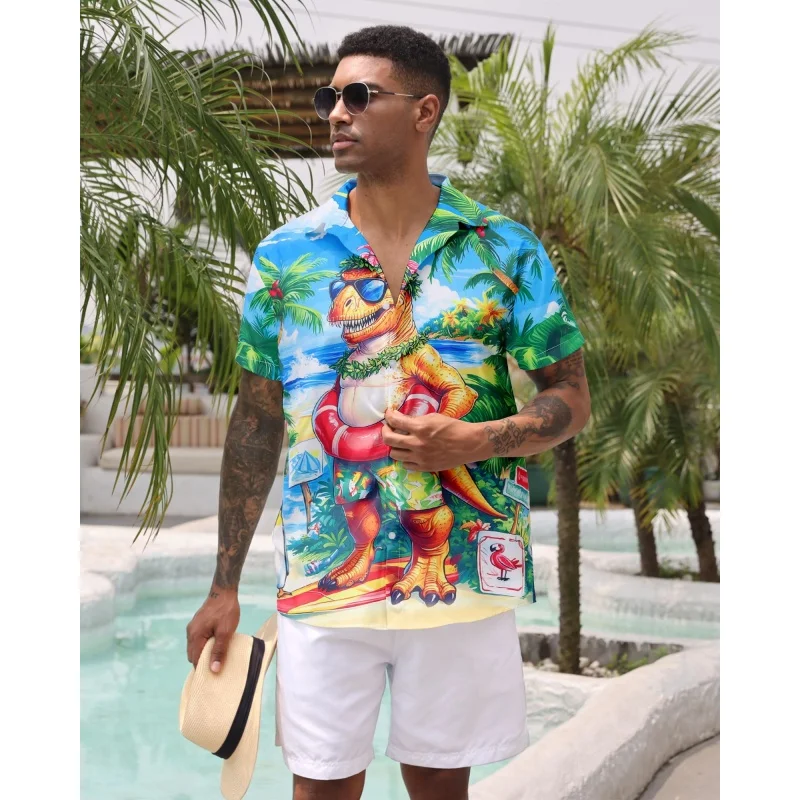 

Cat Dinosaur Shark Graphic Hawaiian Shirt For Men Geometry 3D Printed Short Sleeve Summer Loose Street Aloha Shirts Lapel Blouse