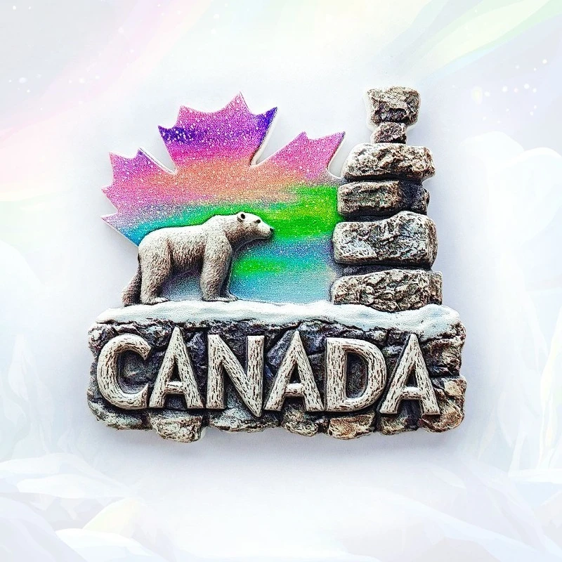 Canada Nature Fridge Magnet - Iconic 3D Maple, Aurora & Bear Souvenir Unique Wilderness Gift for Travel & Rustic Lodge Decor