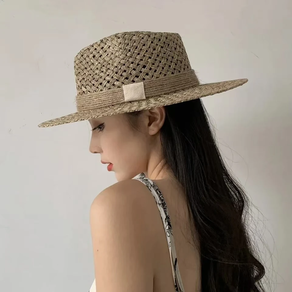 

202404 - 2508751 Ins шикарная летняя натуральная соленая трава ручной работы, веревочная лента для мужчин и женщин, шляпа-федора для отдыха, панама, шляпа JAZZ