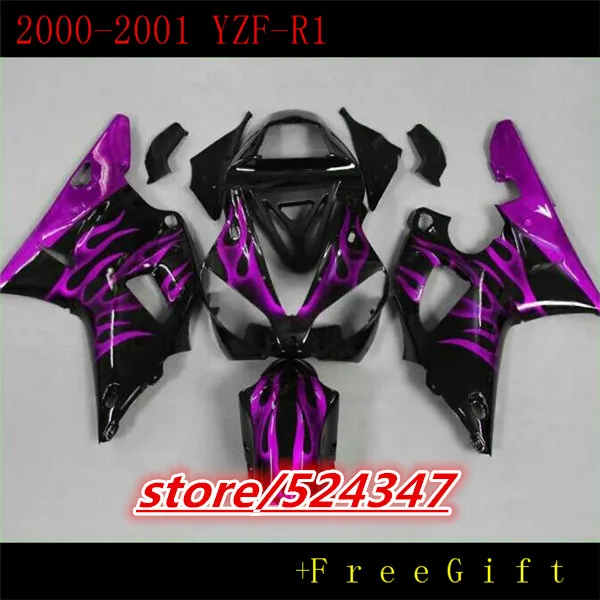 HHPurple flames black Fairing kit for YZFR1 00 01 YZF R1 2000 2001 YZF1000 yzfr1 Fairings set Motorcycle Accessories & Parts-Hey