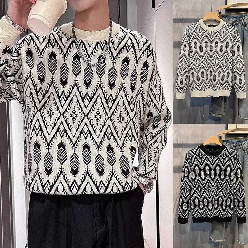 

Trendy Knitted Sweater round Ne Autumn Winter Men's Warm Floral Pattern Base Layer irt Faionable Youthful Sle Long Sl...