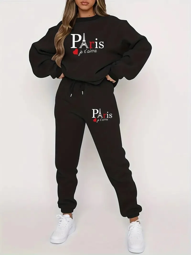 Romantic Paris Tower letters and graphic printed suit, women's crew neck sweatshirt and trousers 2 sets, sports women's suit