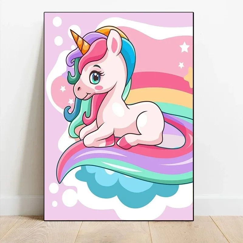 Cartoon Magic Unicorn Poster and Prints Classic Dreams Rainbow Canvas Painting Wall Art Pictures for Living Room Nursery Decor