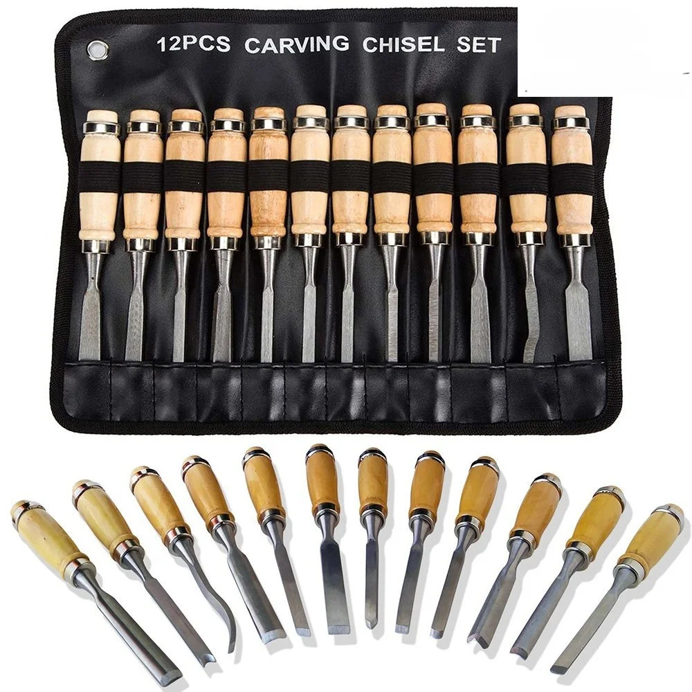 

12 Pcs/bag Carving Chisel Sharp Woodworking Tools Carrying Case Manual Wood Carving Hand Tools Set For Carpenters