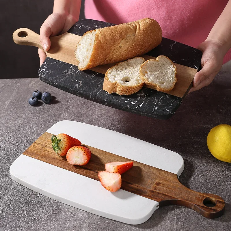 Artificial Marble and Wood Cutting Board with Hole,Wooden Chopping Block for Bread,Vegetables,Fruits,Dinner Cheese Serving Tray