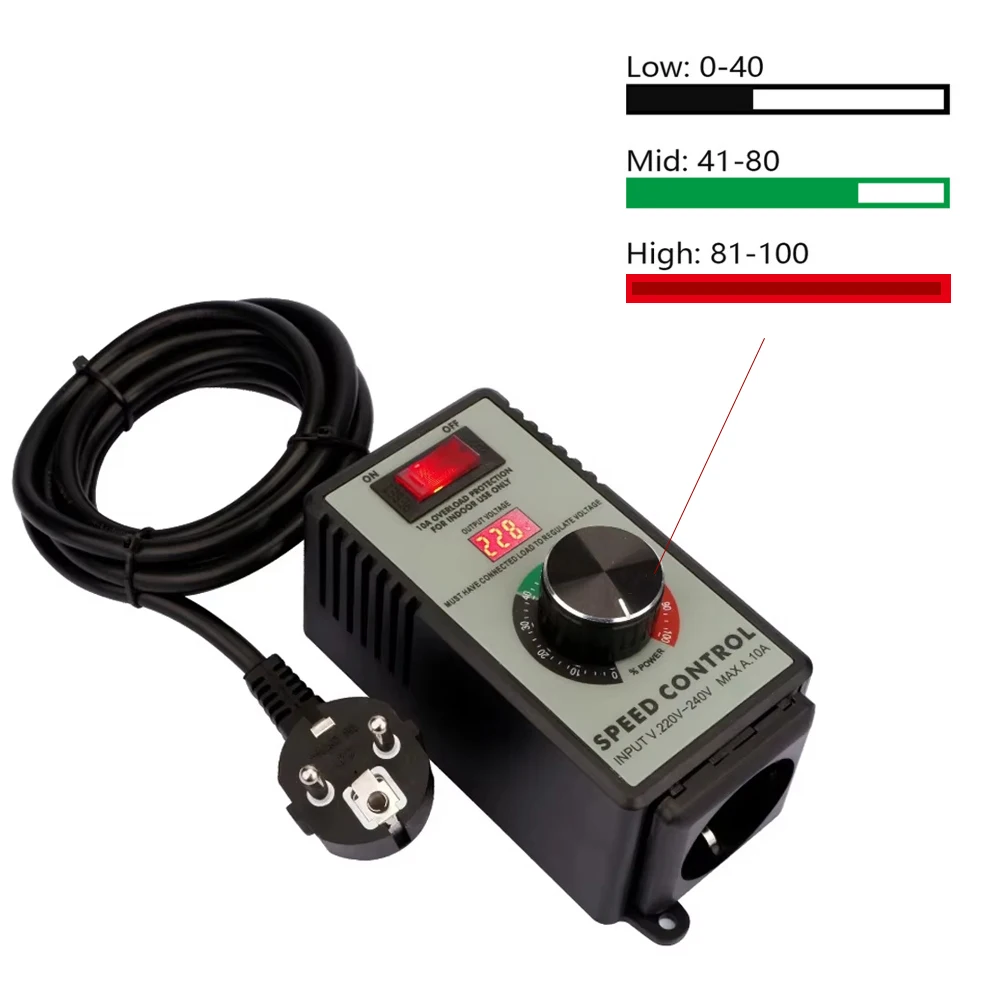 220V 10A Stepless AC Motor Speed Controller Digital Display Overcurrent Protection Governor for Angle Grinder Blower Hand Drill
