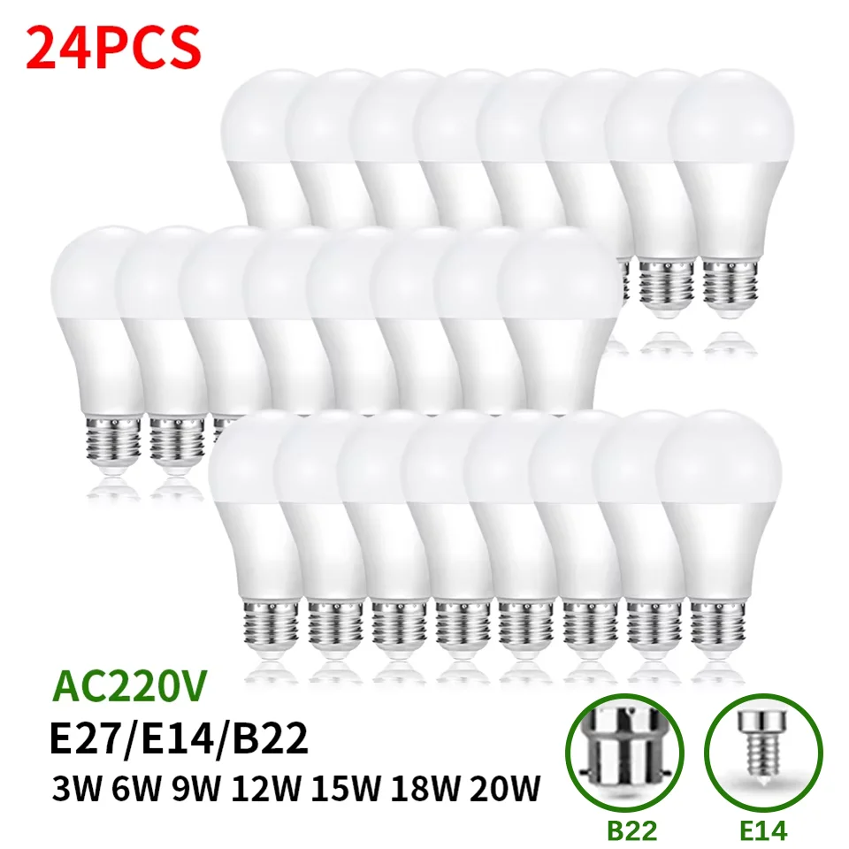 24pcs lampadine a LED E27 E14 B22 AC220V lampadina 20W 18W 15W 12W 9W 6W 3W Lampada soggiorno casa LED Bombilla