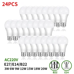 24pcs LED Bulb Lamps E27 E14 B22 AC220V Light Bulb 20W 18W 15W 12W 9W 6W 3W Lampada Living Room Home LED Bombilla