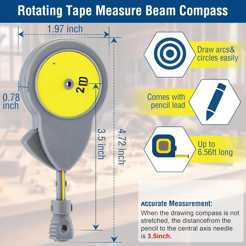 6.56피트 줄자 컴퍼스와 10개의 연필심을 사용하여 원과 선을 그리는 데 사용되는 빔 컴퍼스를 측정합니다.