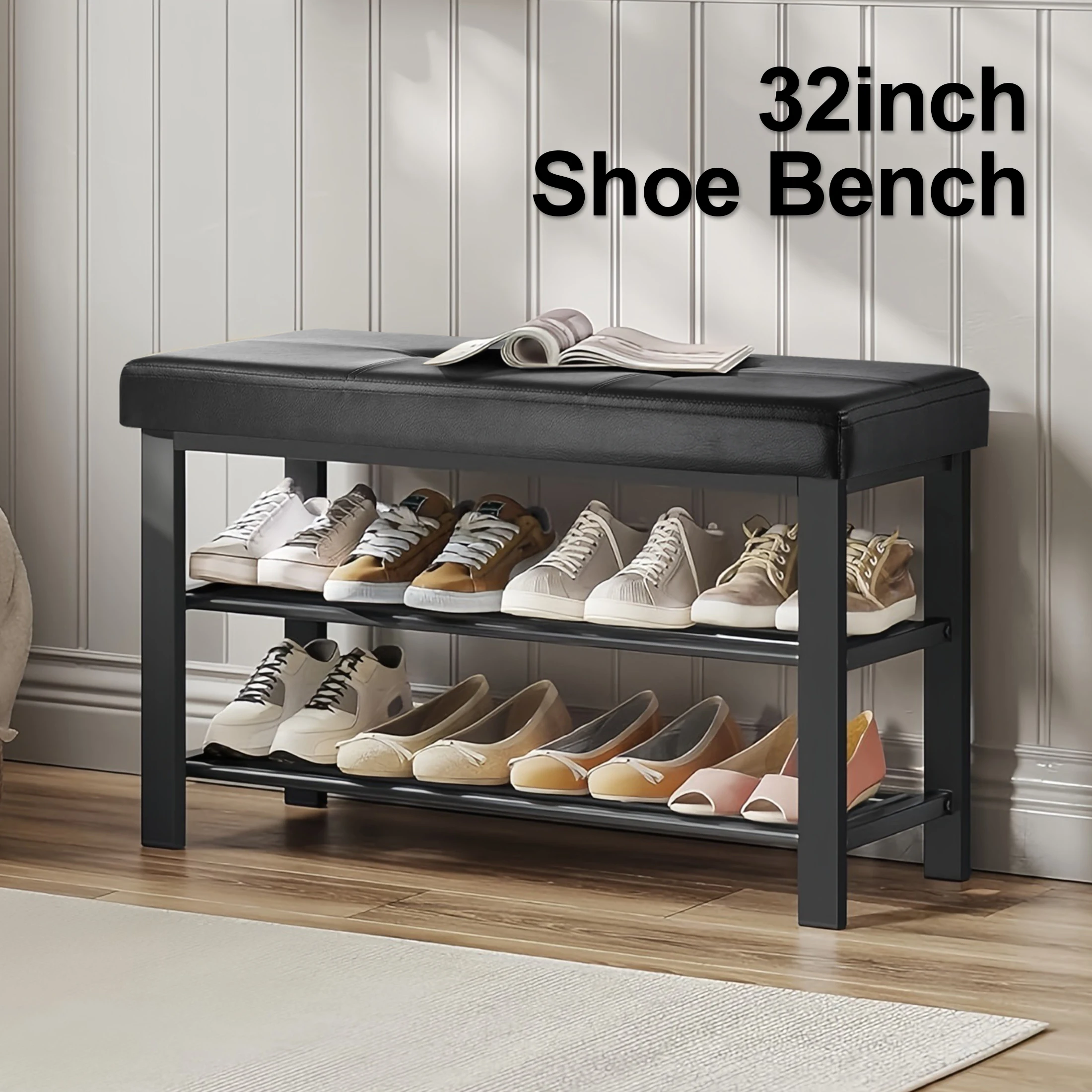 

3-Tier Shoe Rack Bench with Padded Seat Metal Frame Entryway Storage Organizer Easy Assembly for Living Room Bedroom & Hallway