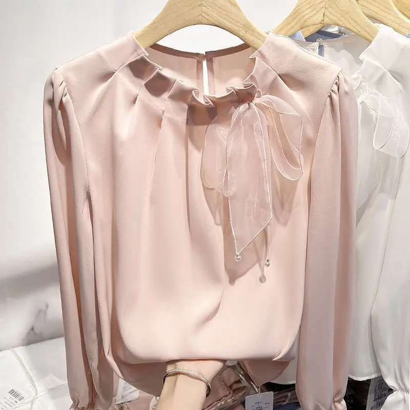 Frauen Stilvolle Rüschen Bogen Spitze Up Chiffon Blusen Büro Dame Elegante Chic Pendeln Shirts Koreanische O Hals Langarm Lose Tops