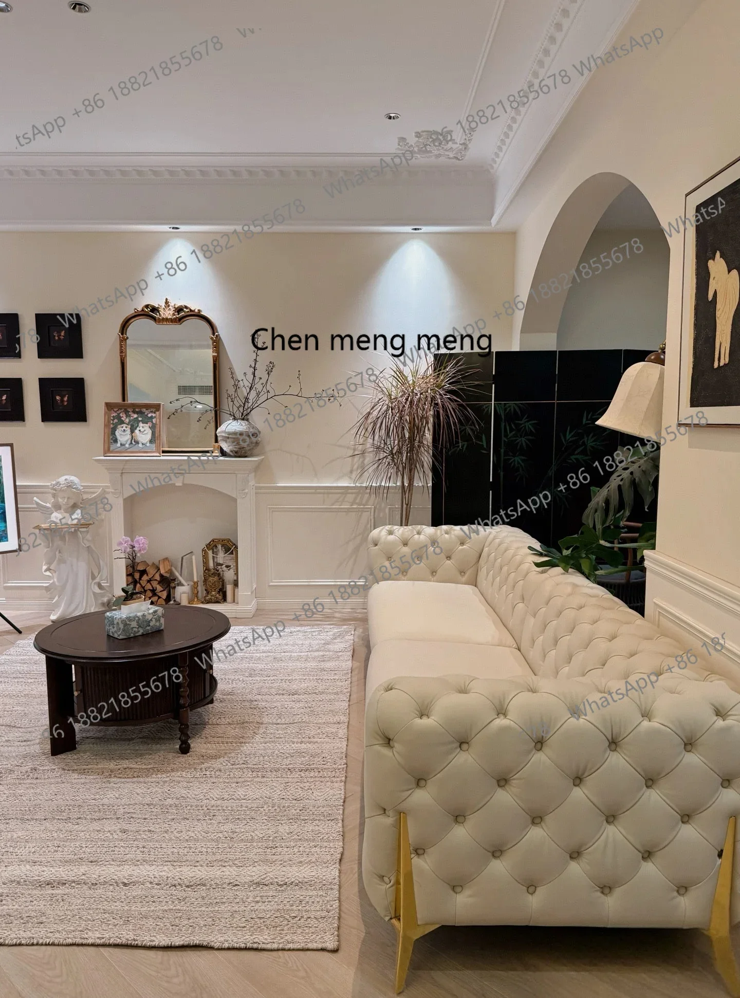 New arrive American light luxury buckle set sofa combination stainless steel metal French American cream style off-white sofa co