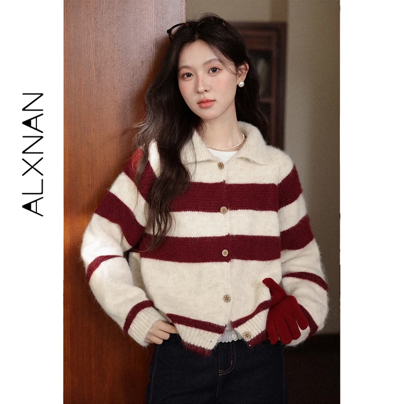 

ALXNAN Women Cardigan Red Striped Lapel Long Sleeve Knitted Sweater Vintage Wooden Button Fall Winter Warm Casual Tops L59002