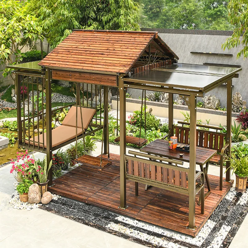 

Outdoor gazebo Chinese-style log cabin Multifunctional with swing bed awning tent