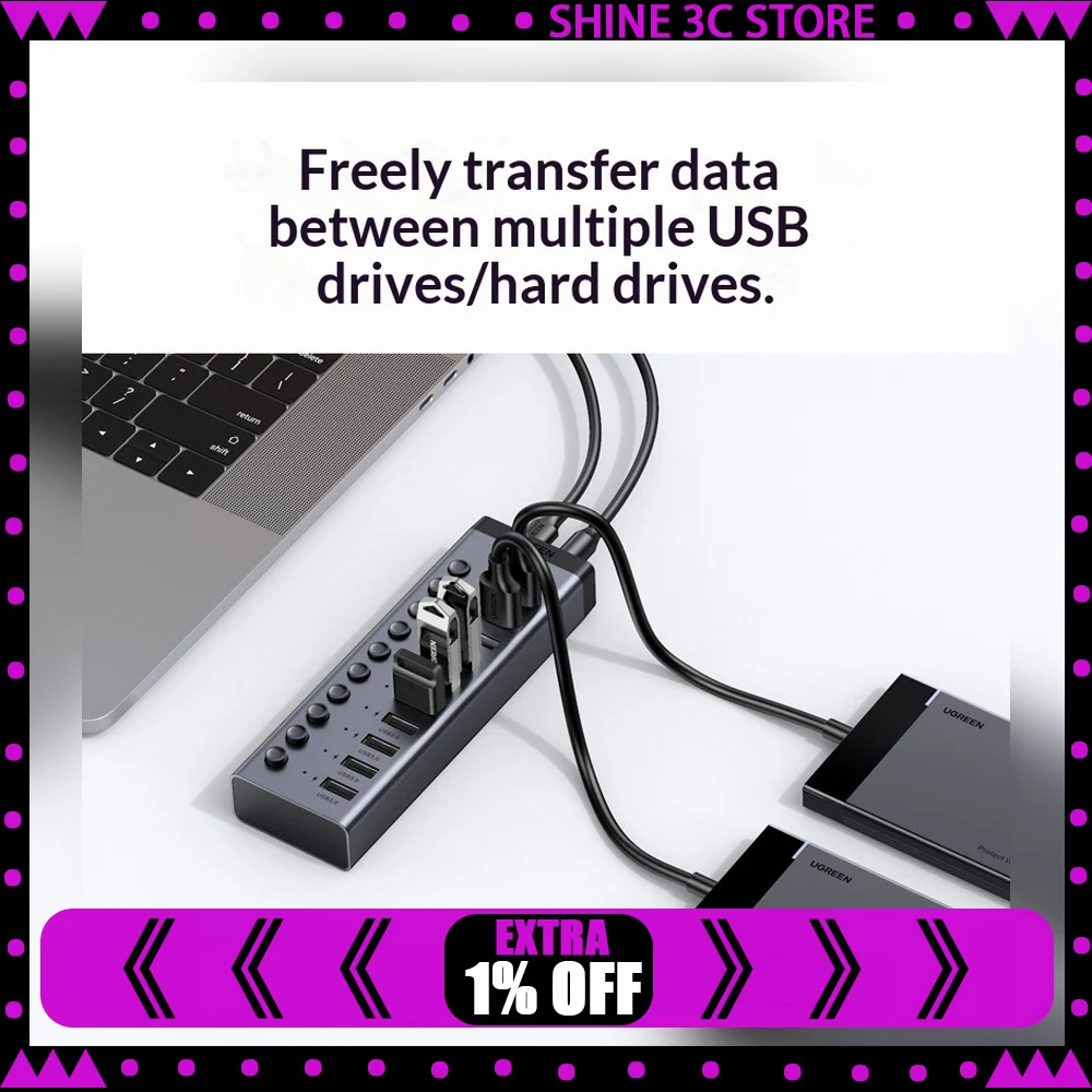 UGREEN 30779 CM482 USB 3.0 Hub 10 Port with Individual Switches 12V 4A Power Adapter USB Splitter for Laptop PC