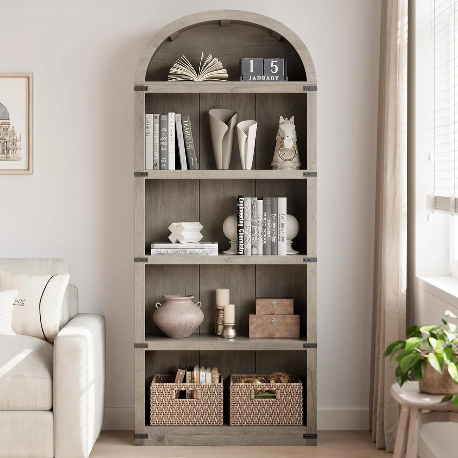 Gewölbtes Bücherregal mit 5 Regalen, 71,65 Zoll hohes Bücherregal, Bauernhaus-Display, Lagerregal, Bücherregale aus Holz für Zuhause, Büro, Wohnzimmer – Detail 7