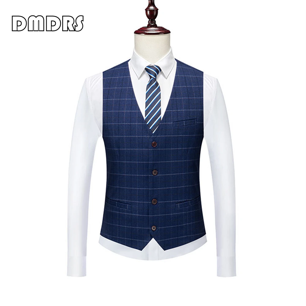 Classy Slim Fit Suit Set for Men Three Pieces Navy Plaid Smart Formal Tuxedo Jacket Vest Pants Tux Set Wedding Party Outfit