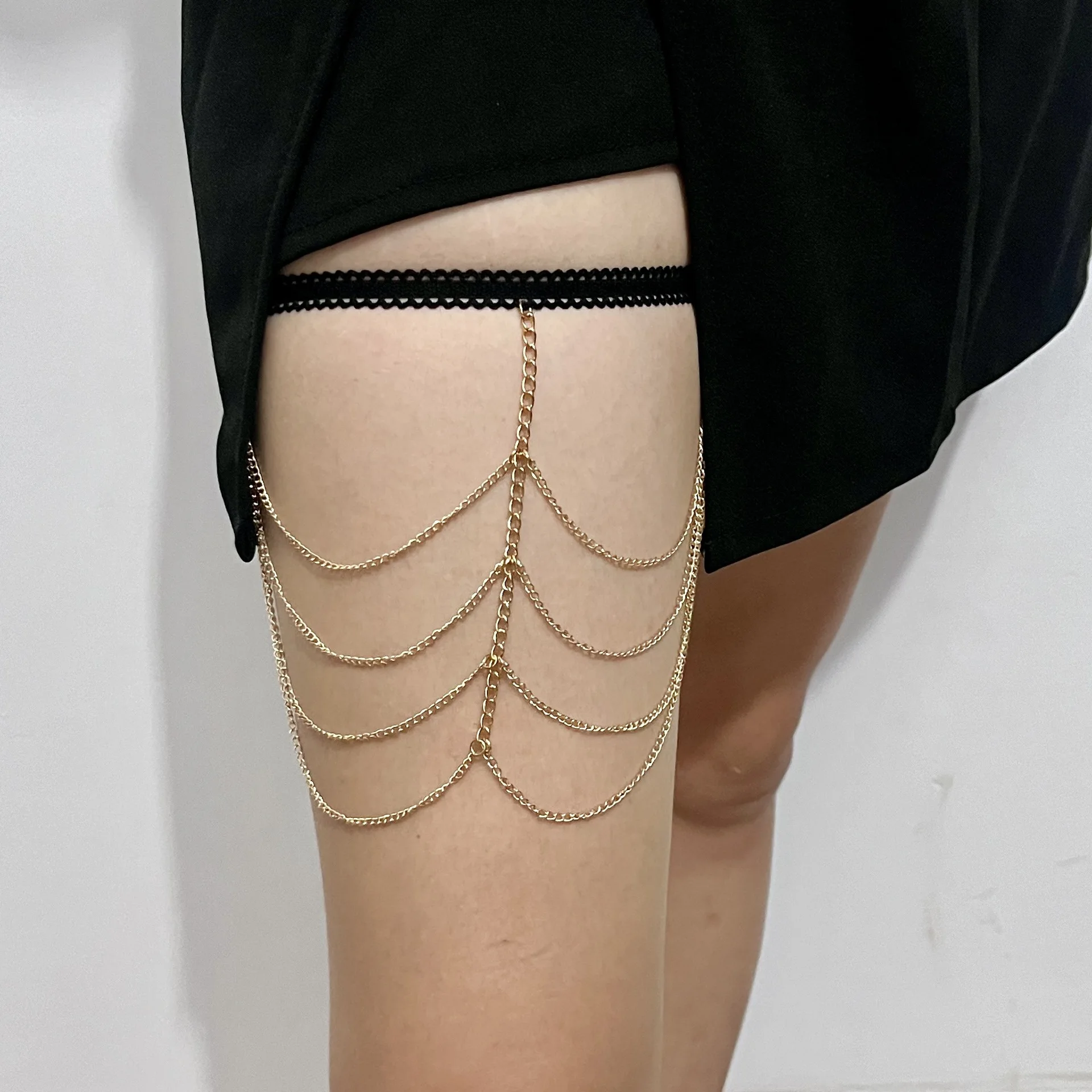 Corrente de coxa multicamadas com borla sexy corda elástica corrente de perna longa para mulheres