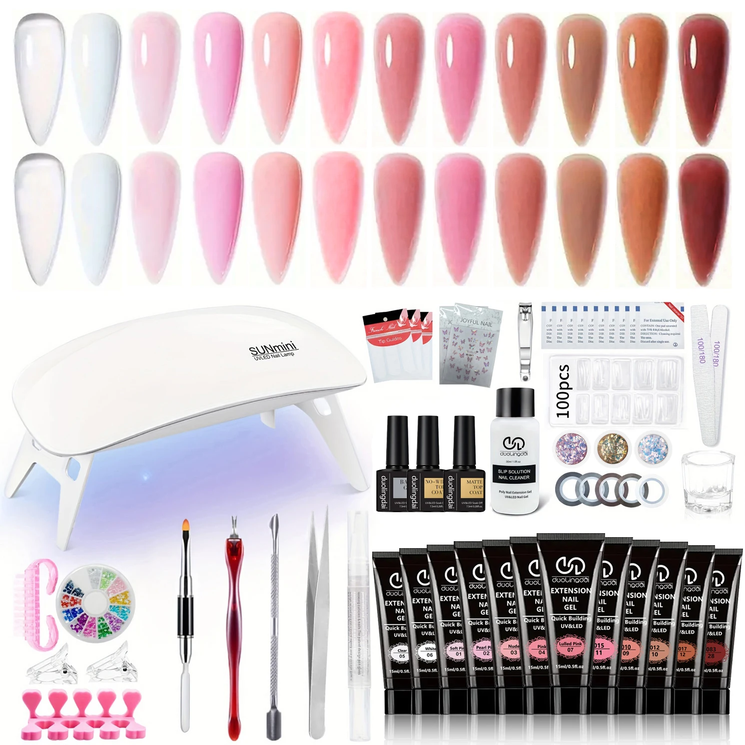 Nail Extension Gel Kit with 30ml Slip Solution, 12-Color Poly Nail Gel Polish Set with Base & Matte/Glossy Top Coats, Complete M