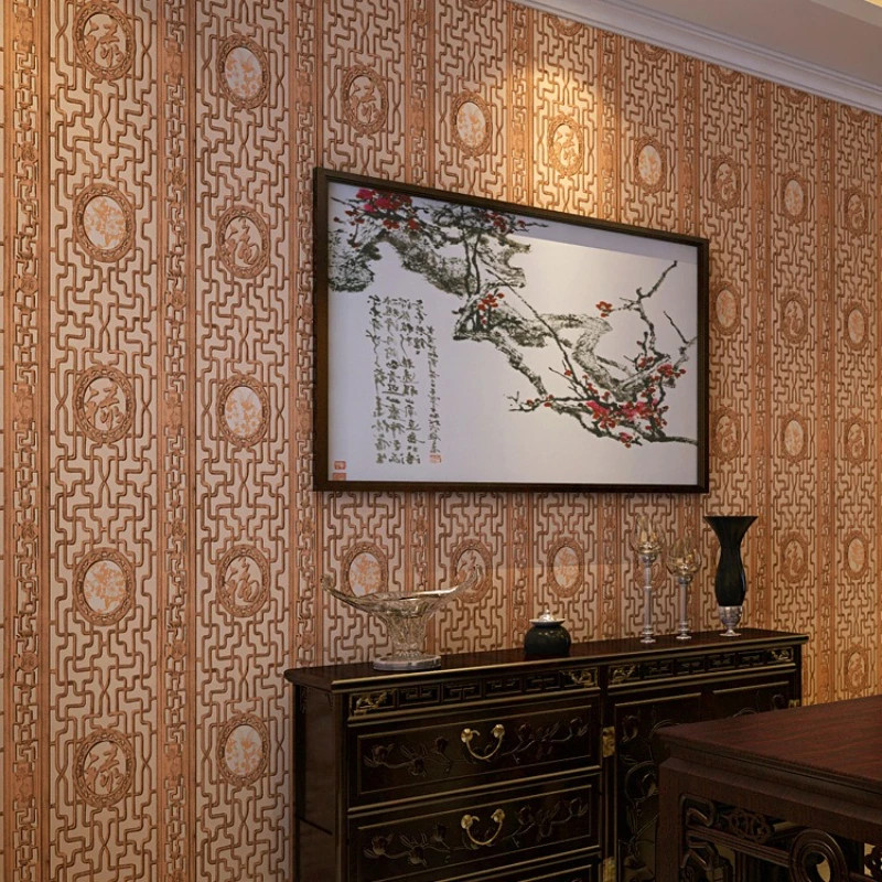 Chinese Classical Imitation Wood Carving Window Patterns Wallpaper Living Room Study Entrance TV Background Wall Thickened