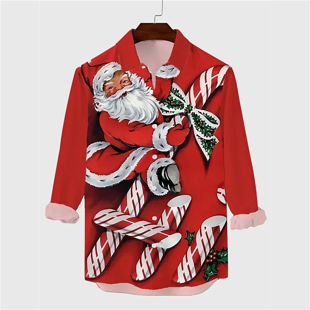 Hawaiian Christmas Themed Santa Tree Shirt Men\'s Casual Retro Tops 3d Printed Flower Long Sleeve Clothing Holidays