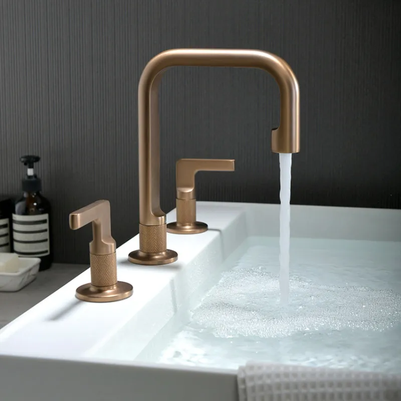 Brushed Rose Gold Widespread Basin Faucet Total Brass Gray Bathroom Faucet Sink Faucets 3 Hole Hot And Cold  Faucet Water Tap