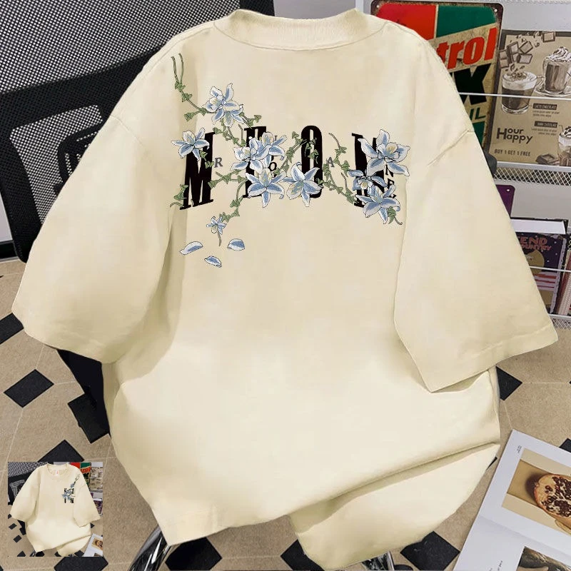 كرمة زهرة تي شيرت مطبوع الرجال والنساء الصيف العصرية العلامة التجارية الأمريكية قصيرة الأكمام المتضخم شارع العليا القطن نصف كم #4