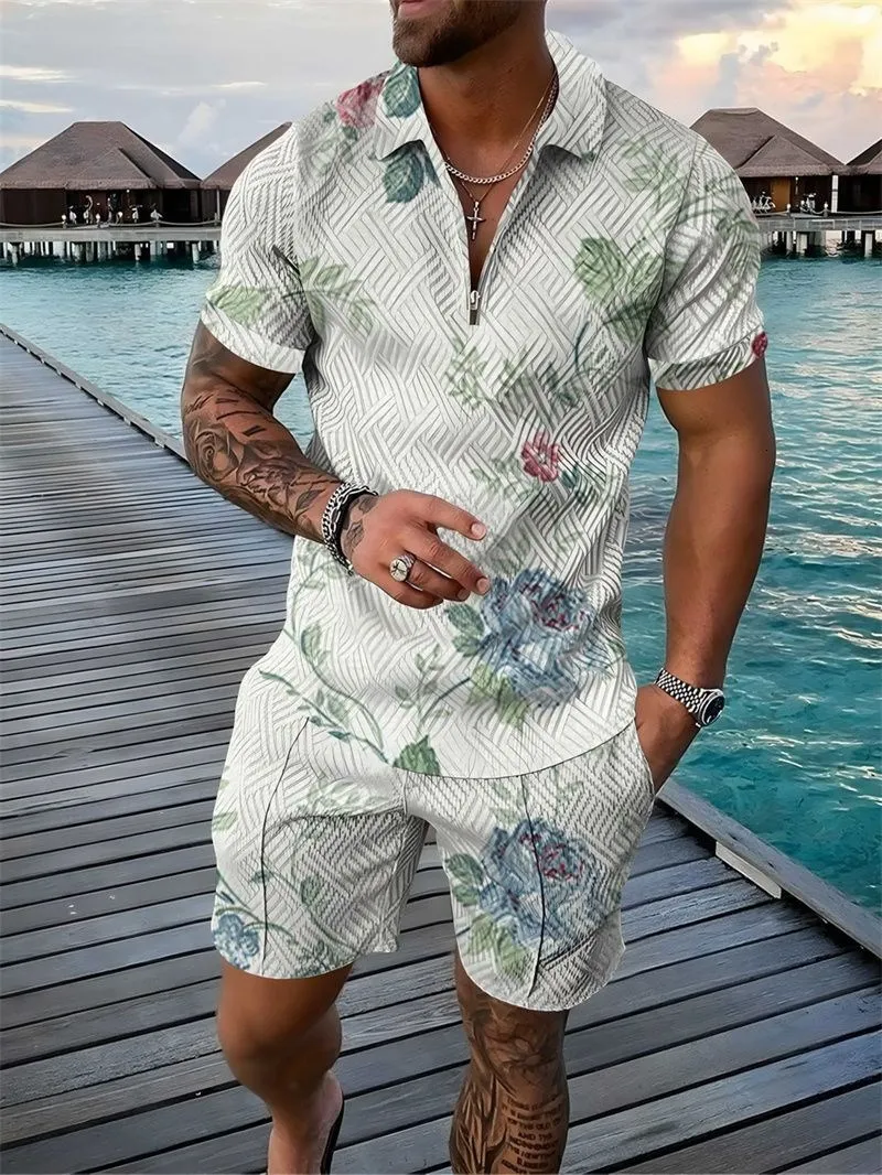 2024 New Men\'s summer Tracksuit 2 Piece Set Floral Print 3D Polo Shirt Short Sleeve T Shirt and Shorts Casual Man Clothing