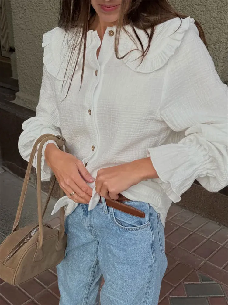 

Women Casual Blouse White Summer Shirt Ruffled Lapel Patchwork Long Sleeve Slim Fit Solid Top