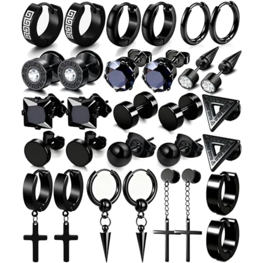 

15 Pairs Earrings for Men, Stainless Steel Earrings Stud Kit for Men Women Fashion Piercing Jewelry Cross Dangle Hoop Earrings