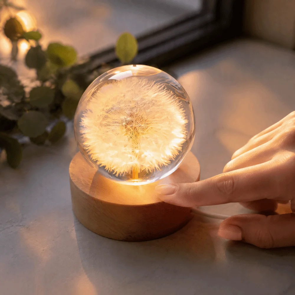 6cm Crystal Ball Night Light USB Powered Dry Flower Floral Table Ornament Solid Wood Base Preserved Flower Crystal Ball