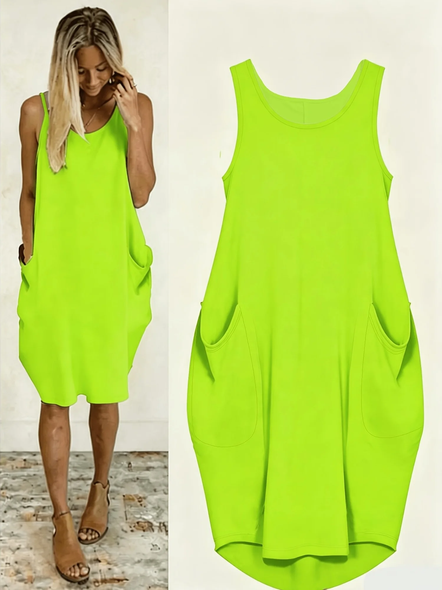 Plus Size Women Sleeveless Tank Dress, Stretch Fabric Casual Loose Midi Dress with Pockets, Ladies Daily Summer Vest Dresses