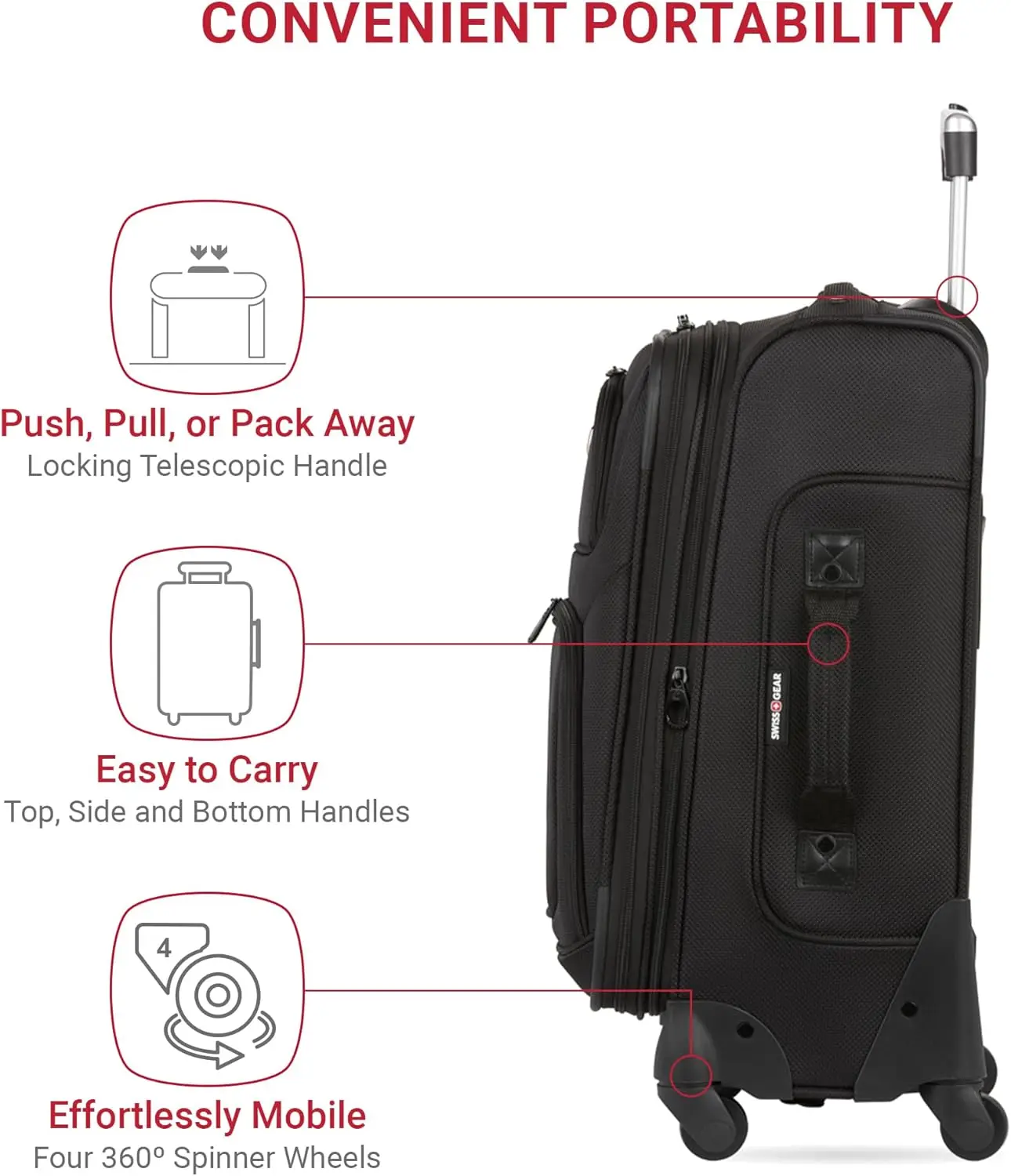 Sion 21' Expandable Carry-On Luggage – Black, 360° Wheels, Retractable Handle
