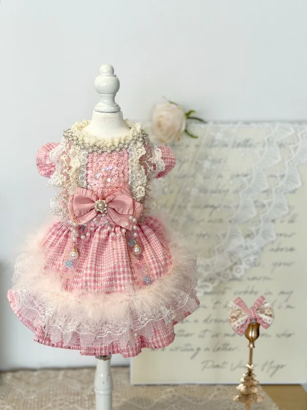 Pink Plaid Pet Lolita Dress Sequin Pearl Bow Lace Fluffy Feather Decor Layered Princess Costume Cute Pet Wedding Party Outfit