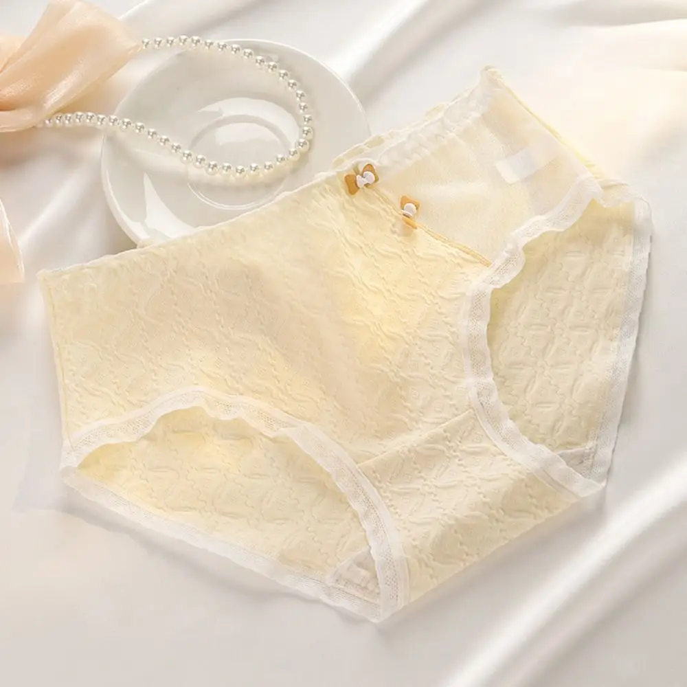 

5PCS Breathable Mid Waist Sweet Panties Cotton Crotch Bow Mesh Briefs Underwear Underpants Seamless Briefs Women Women