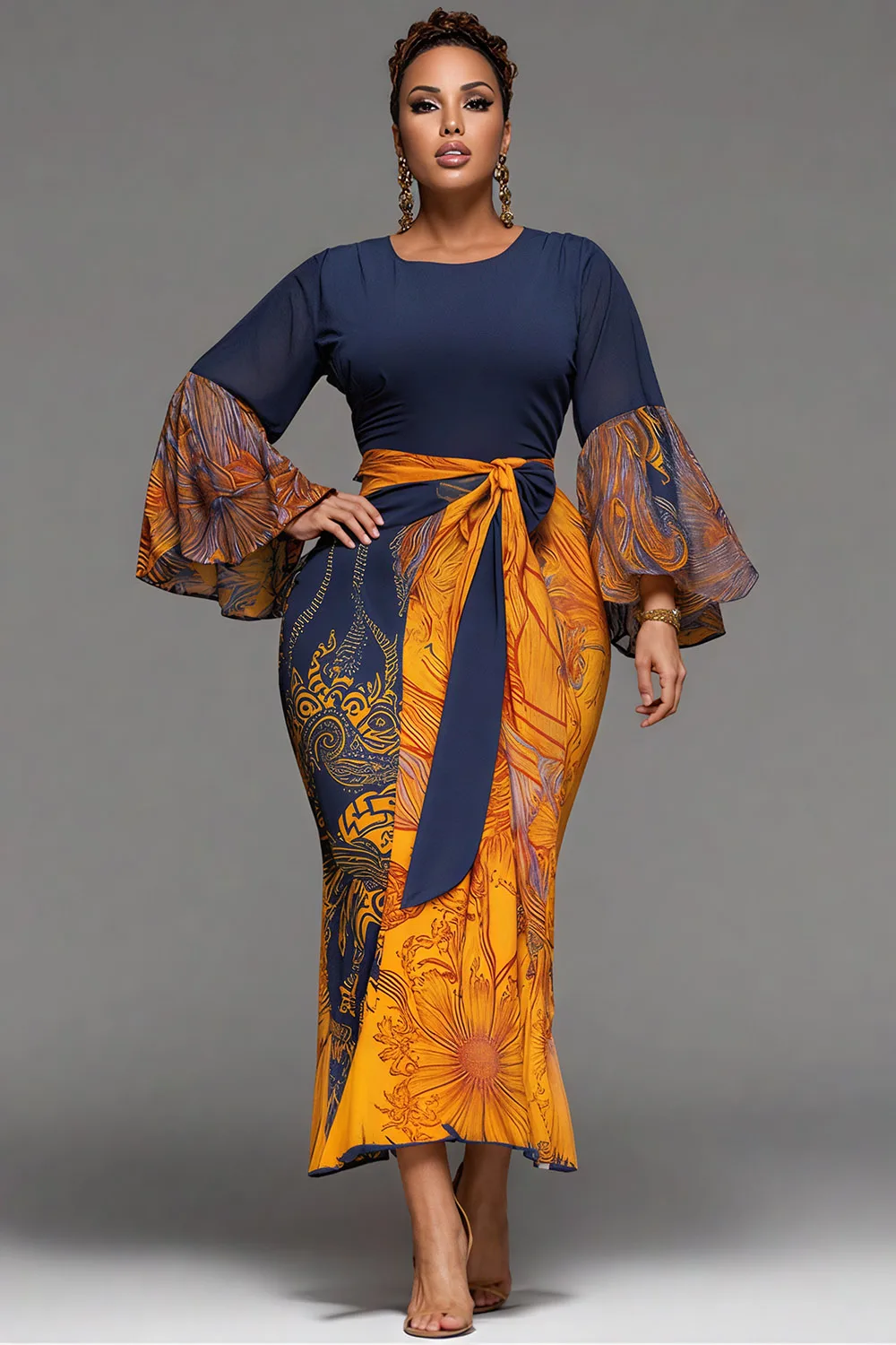 

Plus Size Business Casual Yellow Graphic Round Neck Flare Long Sleeve Bodycon Elegant Wrap Chiffon Maxi Dresses