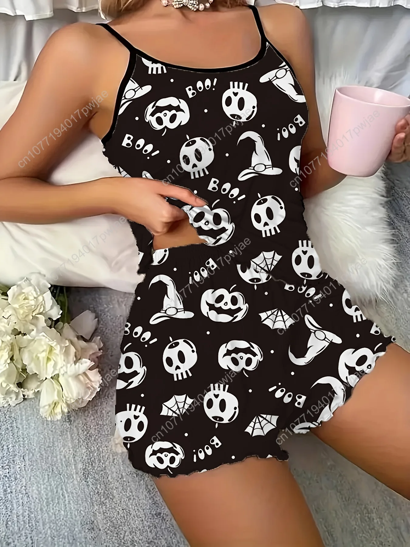 Czarno-biały zestaw koszuli nocnej z dynią na Halloween dla kobiet