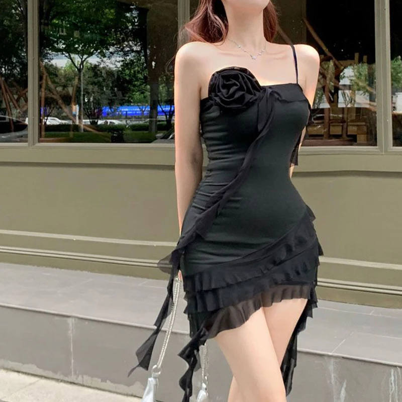 Sexy Women Bodycon Mini Dress Black Night Club Outfits Asymmetrical Floral Applique Ruffle Fringed One Shoulder Short Dress