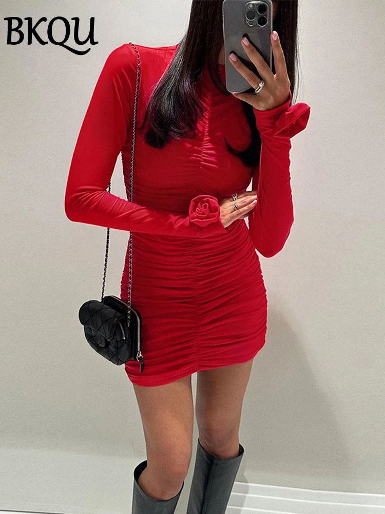 BKQU Long Sleeve Ruched Bodycon Dress Women Floral Decoration O-Neck High Waist Sexy Party Mini Dresses Fashion Outfits 2024